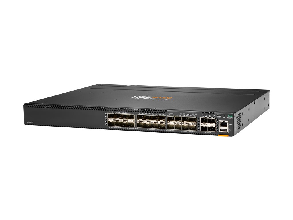 HPE Aruba 6300M - Switch - L3 - managed - 24 x 1 Gigabit / 10 Gigabit SFP+ + 4 x 1 Gigabit / 10 Gigabit / 25 Gigabit / 50 Gigabit SFP56 (Uplink / Stacking) - von vorne und von Seite zu hinten - an Rack montierbar